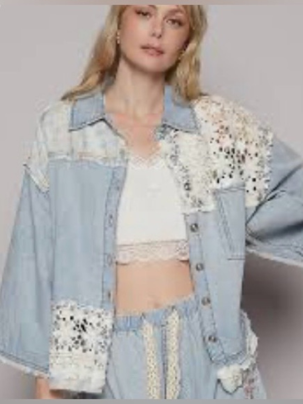 POL Light Blue Denim & Lace Button-Down Shirt/Jacket W/White Crochet Size S/OS